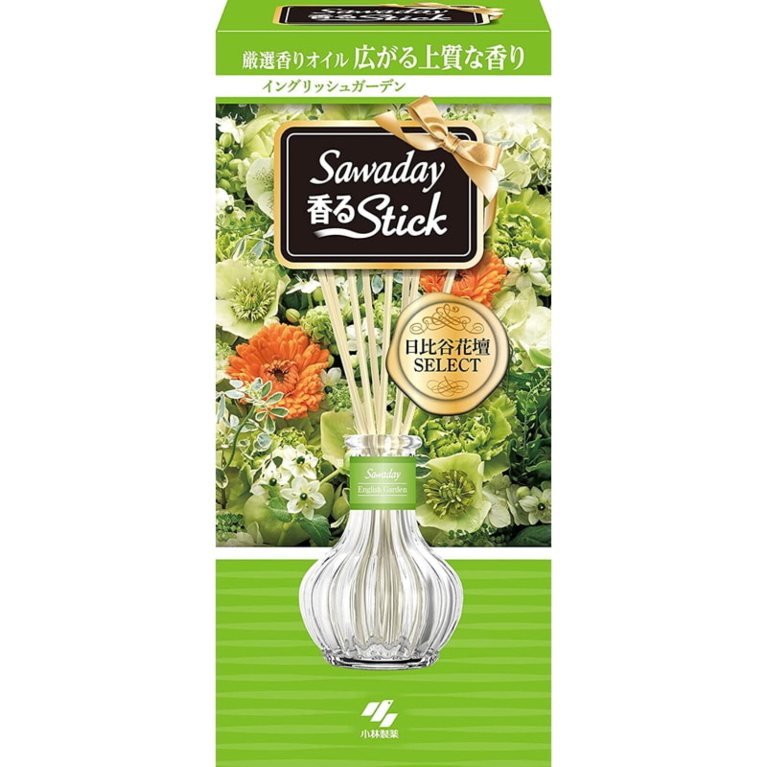 Kobayashi "Sawaday Stick Parfum English Garden" Натуральный аромадиффузор для дома, с ароматом трав и белых цветов, стеклянный флакон, 70 мл, 8 палочек. / 023440
