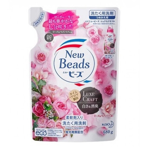 KAO "New Beads" Жидкое средство для стирки белья с кондиционером аромат розы, мягкая упаковка, 680г. / 376633