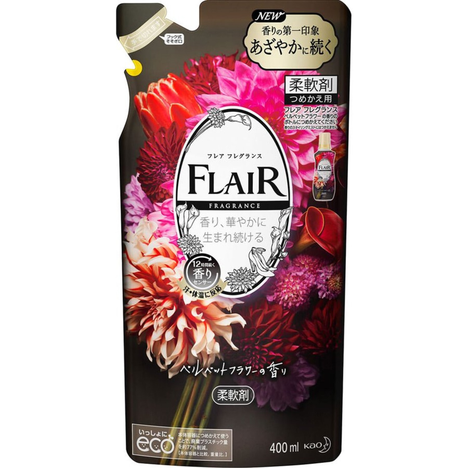 KAO Flair Fragrance Velvet Flower Арома кондиционер для белья, аромат Бархатный цветок (сменная упаковка) , 400 мл. / 377418